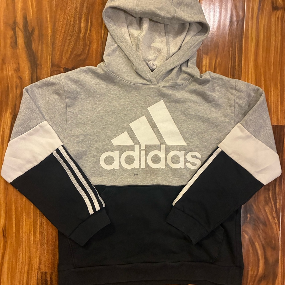 Adidas Hoodie Youth Large (14/16) Gray & Black Logo Pullover Sweatshirt for Teen